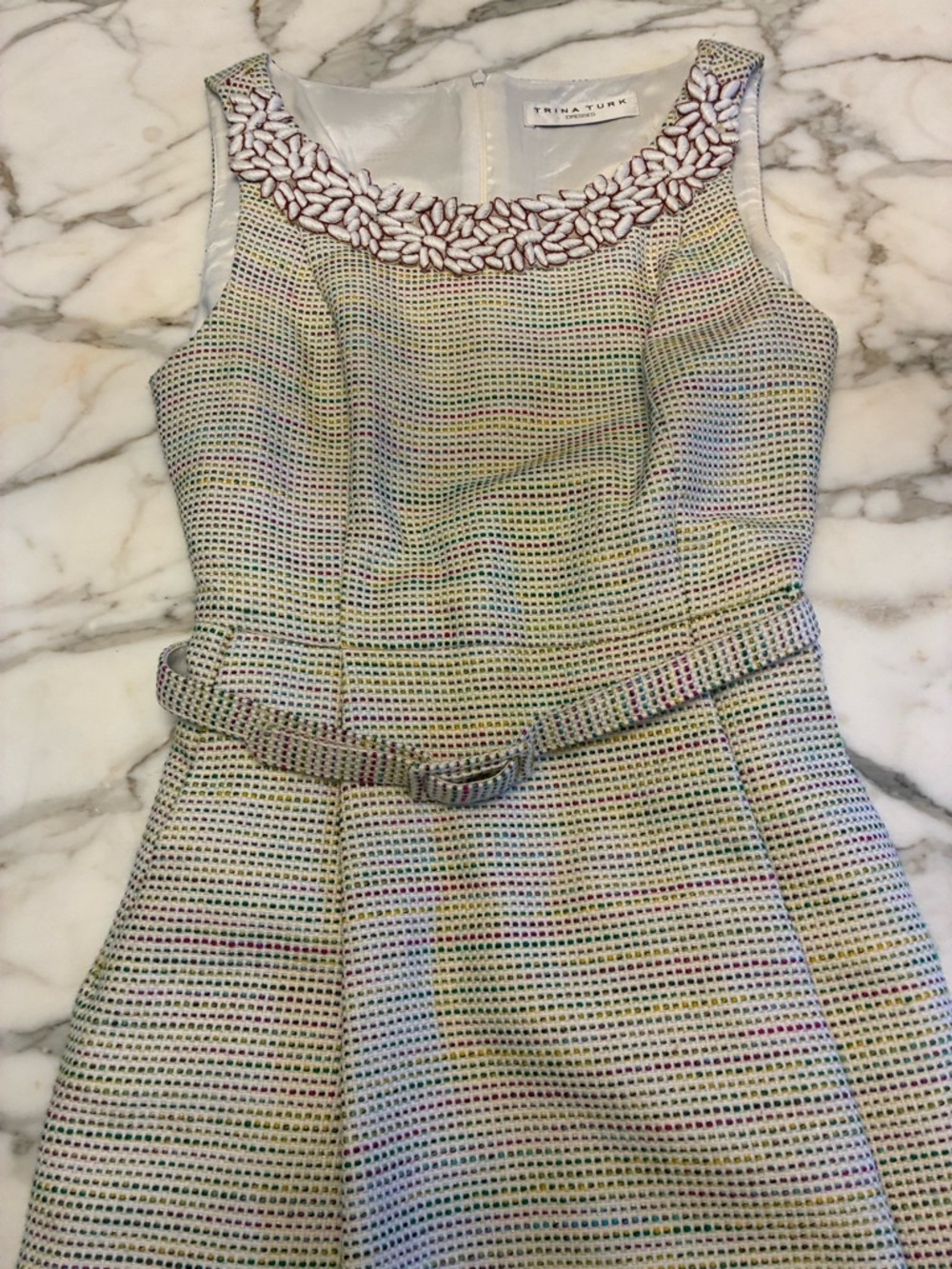 Trina Turk Sleeveless Belted A-Line Dress in Pastel Multicolor